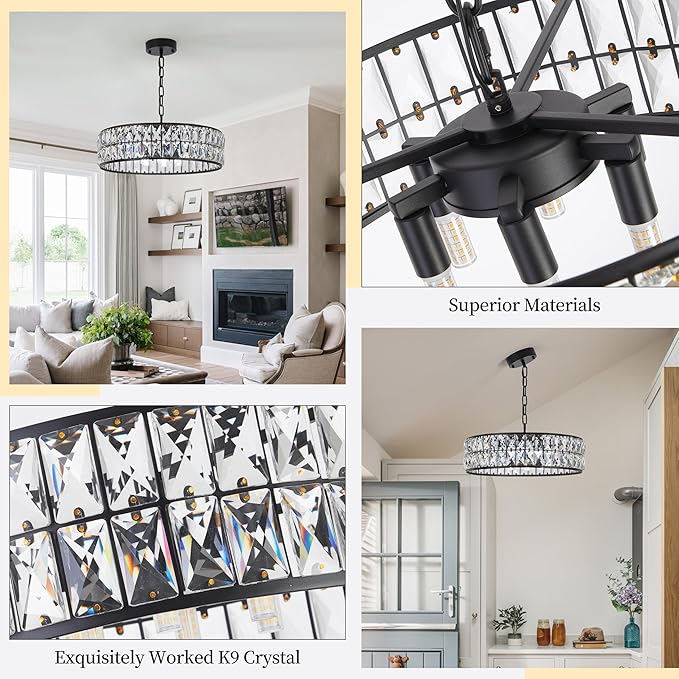 Modern Elegant 6-Light Black Crystal Chandelier, 18-Inch Oversized Round Semi Flush Mount Ceiling Light Fixture, Perfect for Enhancing Kitchen Island Ambiance & Stylish Entryway Décor