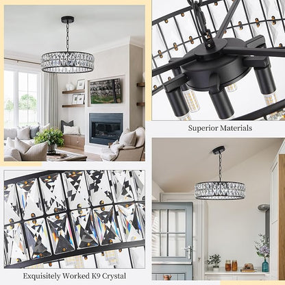 Modern Elegant 6-Light Black Crystal Chandelier, 18-Inch Oversized Round Semi Flush Mount Ceiling Light Fixture, Perfect for Enhancing Kitchen Island Ambiance & Stylish Entryway Décor