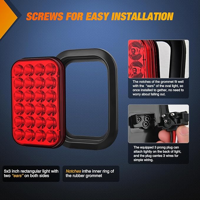Nilight 5” X 3” Rectangular Trailer Tail Light 4 PCS Red 24 LED Stop Brake Turn Marker Lights w/Flush Mount Grommets Plugs IP67 Waterproof for 12V Truck ATV UTV Bus RV Camper