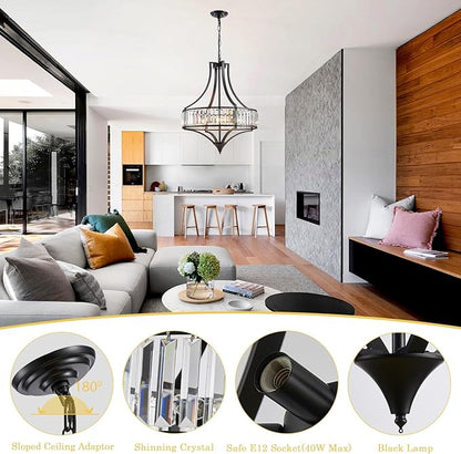 Black Crystal Dining Room Light Fixtures Over Table, Modern Farmhouse Chandelier Light Fixture, Round Large Hanging Light for Living Room Kitchen Hallway Bedroom Foyer, 21.6 Inch, 6-Light