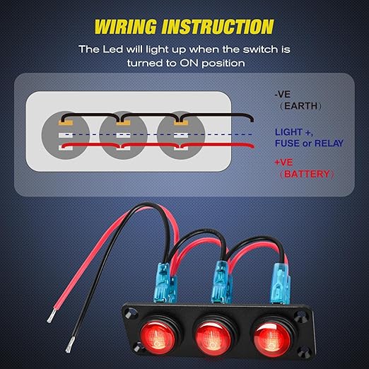 Nilight 3 Gang Rocker Switch Panel 12V Waterproof On-Off Toggle Switches with Red LED Light 3 Pin for Automotive Lights Marine Boat Car Camper Truck Vehicles