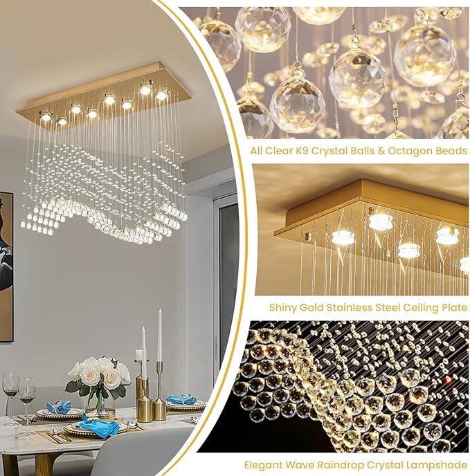 Siljoy Rectangular Gold Crystal Chandelier for Dining Room, 8-Light Modern Wave Raindrop Crystal Chandelier for Living Room Kitchen Island L31.5'' x W11.8'' x H32.2''