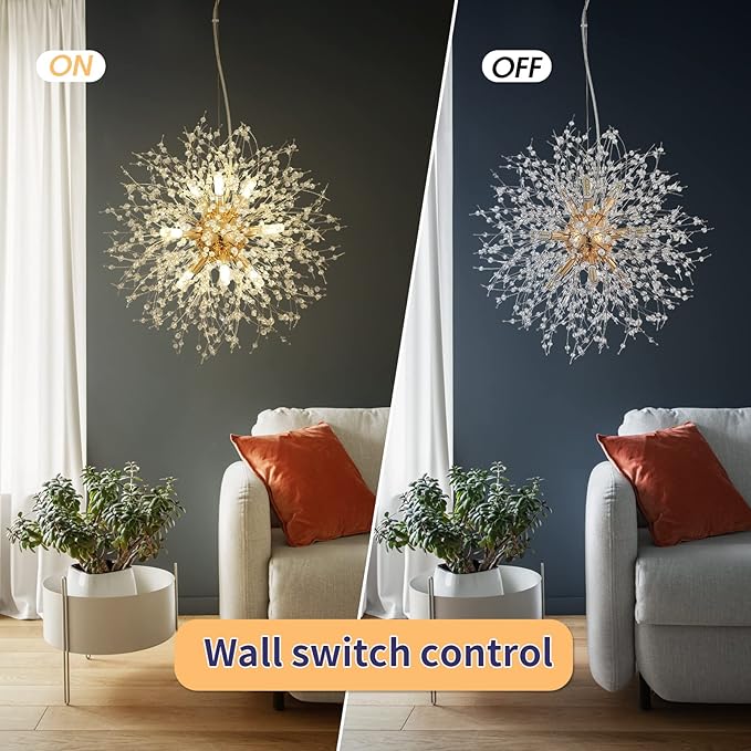 CM MZY Modern Crystal Chandeliers Firework, 9-Light Gold Dandelion Sputnik Ceiling Light Fixtures, Sputnik Chandelier Pendant Light for Bedroom Living Room Dining Room Kitchen Island Hallway