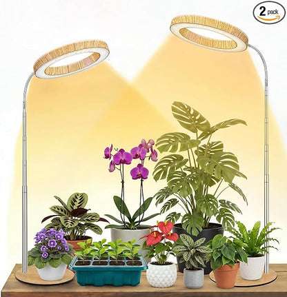 Grow Light for Indoor Plants Full Spectrum, Desk LED Plant Light with Faux Wood Grain, 12"-43" Height Adjustable, Auto On/Off Timer 3/9/12H, 3 Modes 10 Dimmable Levels for Succulents (2, Wood Grain)