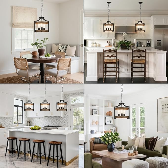 3-Light Farmhouse Chandelier, 14.17" Black Metal Faux Wood Pendant Light Fixtures, Hanging or Semi Flush Mount Rustic Chandelier for Dining Room, Foyer, Living Room, Kitchen