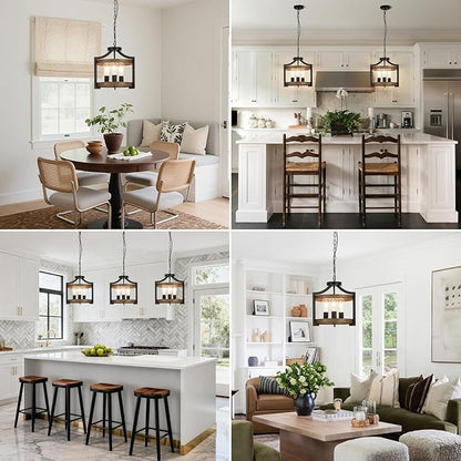 3-Light Farmhouse Chandelier, 14.17" Black Metal Faux Wood Pendant Light Fixtures, Hanging or Semi Flush Mount Rustic Chandelier for Dining Room, Foyer, Living Room, Kitchen
