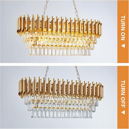 Modern Rectangular Chandelier Gold Crystal Chandeliers for Dining Room, 10-Light Pendant Light Fixture Oval Contemporary Ceiling Hanging Light for Kitchen