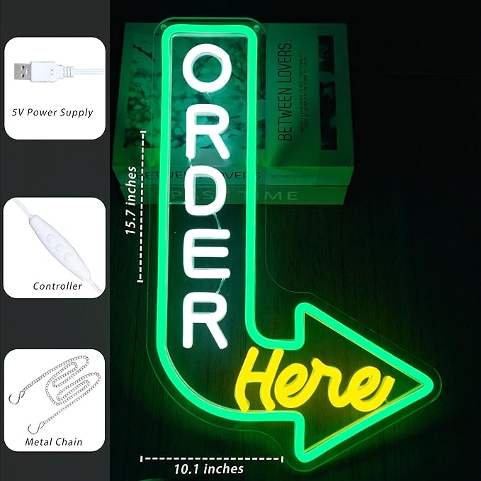 Order Here Neon Sign Pick up Here Signs for Wall Decor Green & Yellow Neon Light for Restaurants Cafes and Food Service Areas Attractive Point of Sale Lighting to Guide Customers(10.1 * 15.7inch)