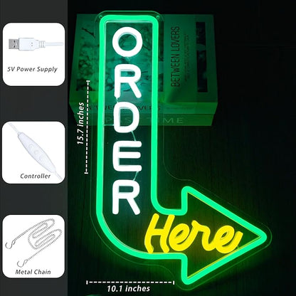 Order Here Neon Sign Pick up Here Signs for Wall Decor Green & Yellow Neon Light for Restaurants Cafes and Food Service Areas Attractive Point of Sale Lighting to Guide Customers(10.1 * 15.7inch)