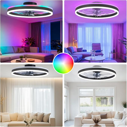 RGB Ceiling Fans with Lights, 20" Fandelier Low Profile Ceiling Fan with Light, Modern Flush Mount Ceiling Fan Light with Remote/APP Control, Bedroom Chandelier Fan Fixture for Indoor(Black)
