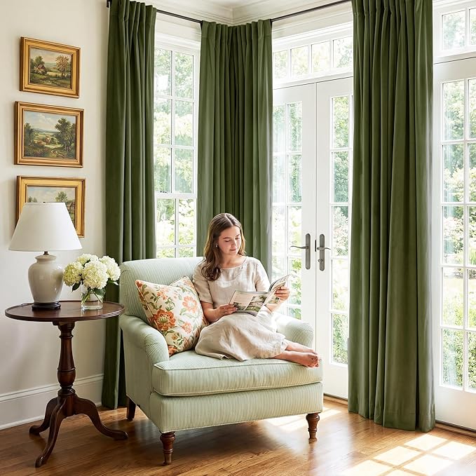StangH Moss Green Curtains 92 inches Long Super Soft Velvet Room Darkening Thermal Insulated Window Drapes Back Tab Christmas Decor for Bedroom Living Room, W52 x L92, 2 Panels