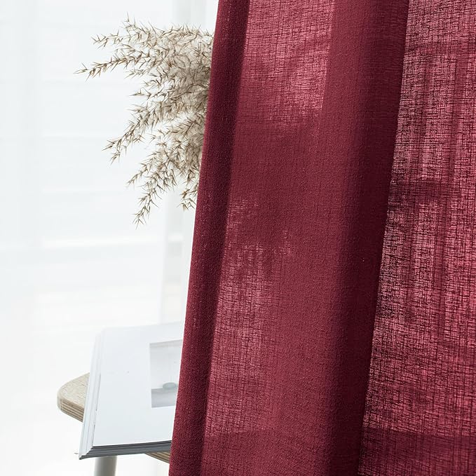 Melodieux Burgundy Semi Sheer Curtains 72 Inches Long for Bedroom, Living Room Farmhouse Linen Look Shiny Sheer Drapes, Rod Pocket Light Filtering Sheer Curtains, 52" W x 72" L, 2 Panels