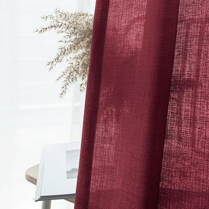 Melodieux Burgundy Semi Sheer Curtains 72 Inches Long for Bedroom, Living Room Farmhouse Linen Look Shiny Sheer Drapes, Rod Pocket Light Filtering Sheer Curtains, 52" W x 72" L, 2 Panels