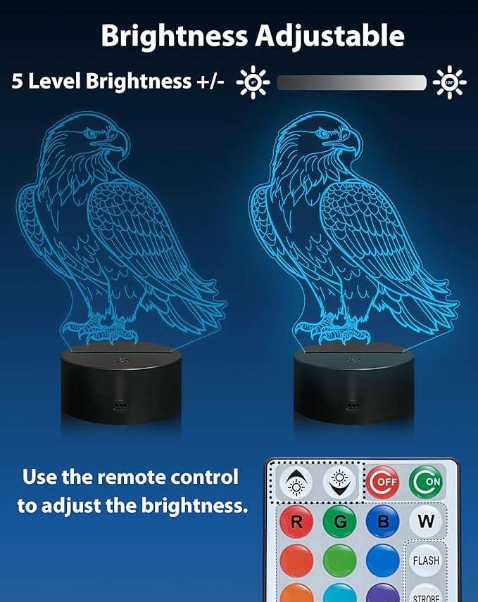 3D Illusion Eagle Night Light, Cartoon Table Lamp with Remote Control, 16 Colors, Kids Bedroom Decoration, Creative Birthday Christmas Eagle Gifts for Boys Girls