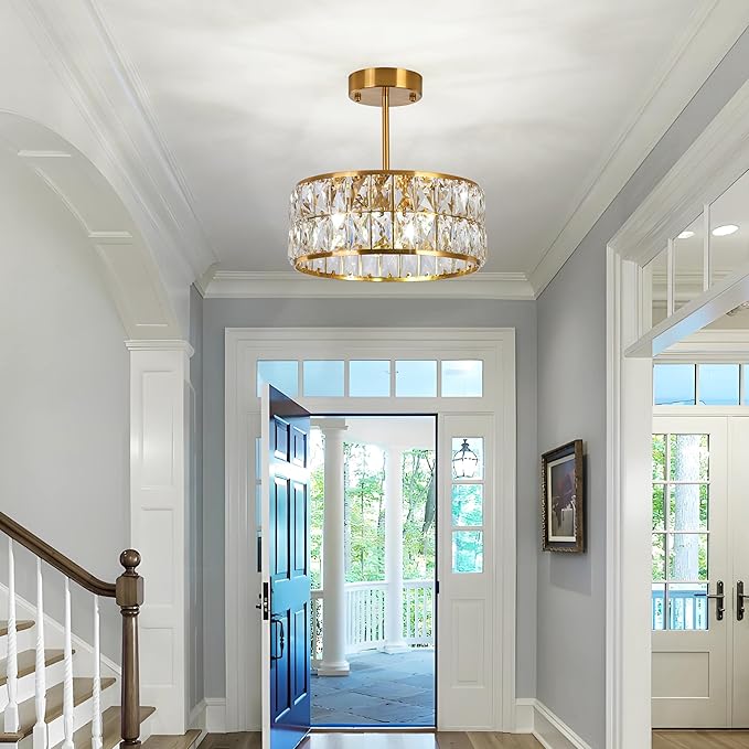 Modern 4-Light Gold Crystal Chandelier Ceiling Light, 12-Inch Small Round Semi Flush Mount Chandelier-Style Ceiling Light for Kitchen Island & Entryway