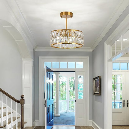 Modern 4-Light Gold Crystal Chandelier Ceiling Light, 12-Inch Small Round Semi Flush Mount Chandelier-Style Ceiling Light for Kitchen Island & Entryway