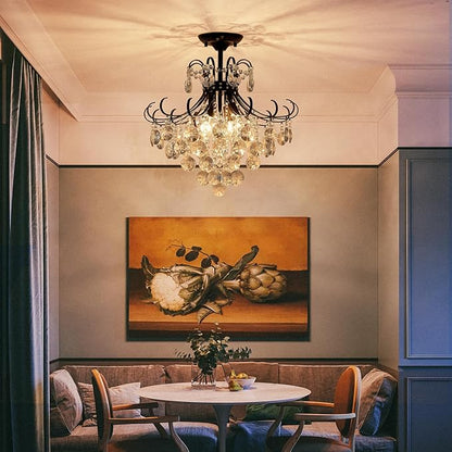 18'' Crystal Chandelier Light Fixture, Modern Semi Flush Ceiling Light for Dining Living Room Bedroom Kitchen Entryway Hallway, 4 Lights Black Ceiling Lamp