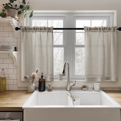 Linen Kitchen Curtains 24 Inch Length Farmhouse Cafe Curtains Light Filtering Semi Sheer Half Drapes for Bathroom Basement RV Small Windows Rod Pocket 2 Panels Burlywood Birch