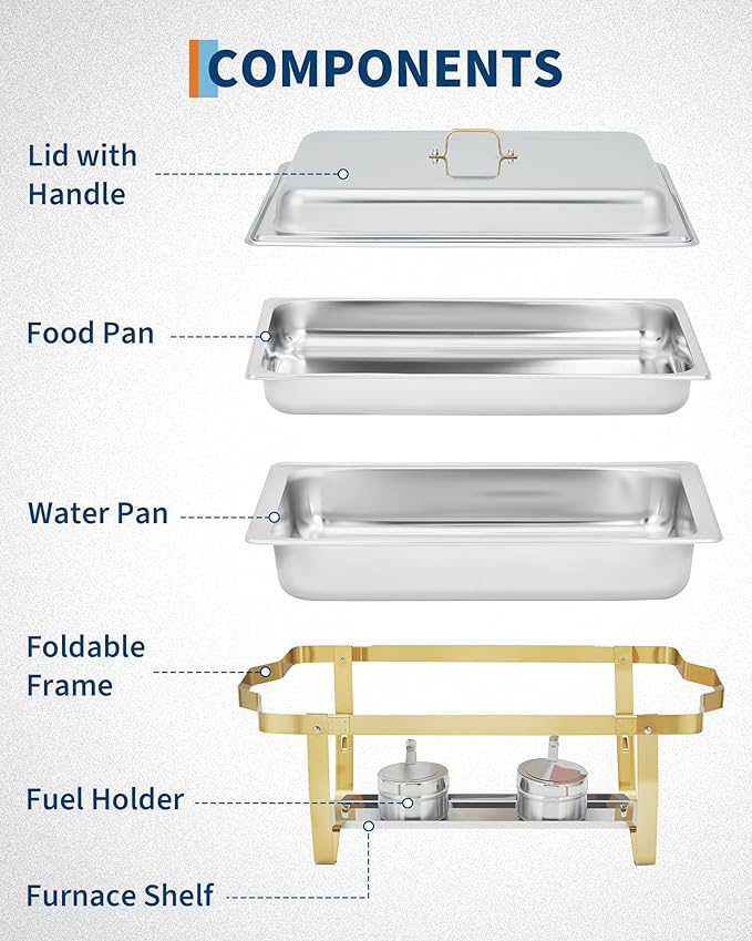 Garvee Chafing Dish Buffet Set 6 Pack, 8QT Buffet Servers and Warmers Set with Lid & Foldable Frame, Rectangular Stainless Steel Chafer Food Warmer for Parties Wedding Catering Supplies, Gold