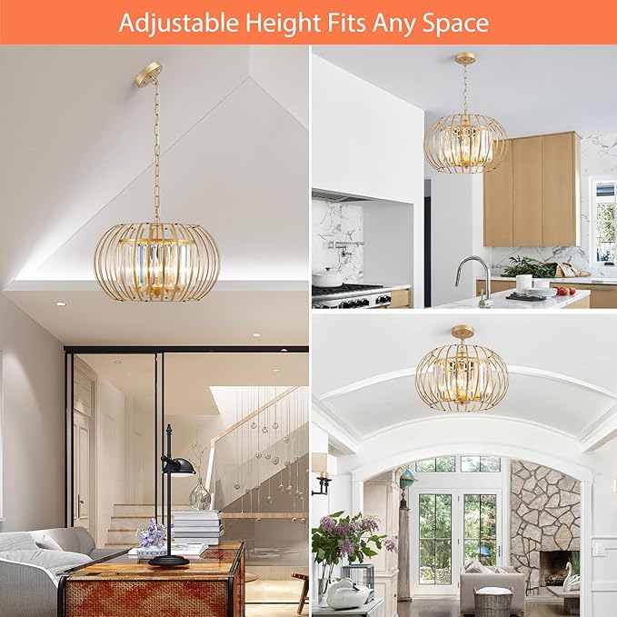 Modern Chandelier for Dining Room 17.7" Gold Crystal Pendant Lighting Fixture Rustic Round Metal Shade Hanging Ceiling 4-Light for Living Room Bedroom Kitchen Island Hallway