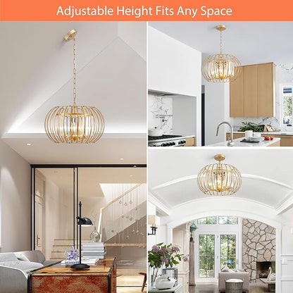 Modern Chandelier for Dining Room 17.7" Gold Crystal Pendant Lighting Fixture Rustic Round Metal Shade Hanging Ceiling 4-Light for Living Room Bedroom Kitchen Island Hallway