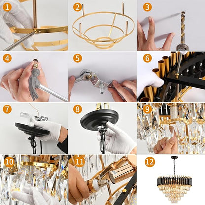 Gold Modern Crystal Chandelier 5-Tier Round Living Room Chandelier Light Fixture Black Large Crystal Chandeliers Pendant Ceiling Light Fixture for Dining Room Bedroom Entryway Staircase Foyer W24in