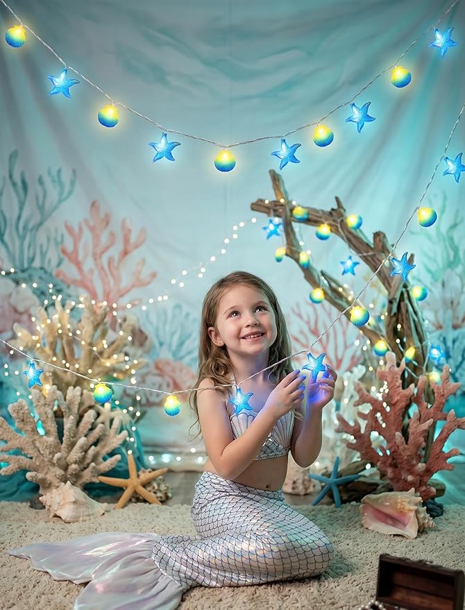 8.5Ft Beach Themed Seashell String Lights, 10L LED Ocean Starfish Seashell Lights Plug in for Boho Coastal Bedroom Seashell Party Nautical Party Holiday Decor, Indoor Outdoor