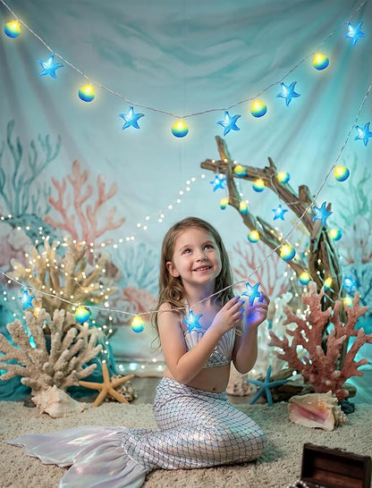 8.5Ft Beach Themed Seashell String Lights, 10L LED Ocean Starfish Seashell Lights Plug in for Boho Coastal Bedroom Seashell Party Nautical Party Holiday Decor, Indoor Outdoor
