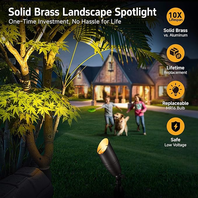 Gardenreet Low Voltage Spot Lights - Solid Brass Landscape Spotlight Wired, 12V Outdoor LED Bullet Uplights, Waterproof Electric Bronze for Patio Wall with 4000K Bright White MR16 Bulb (6 Pack)