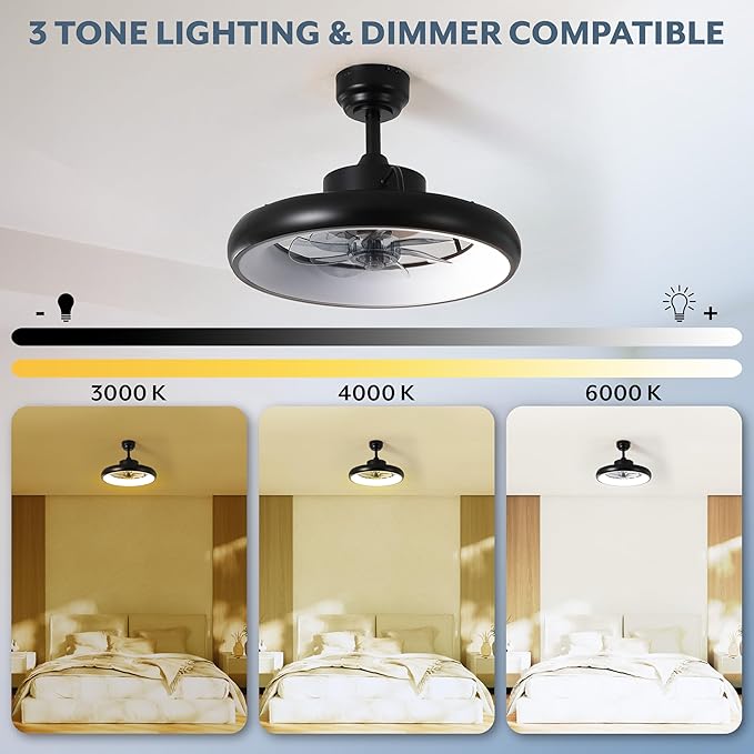 Oval AIR Loren 20" Small Smart Ceiling Fan with Light, Semi Flush Mount, Quiet 6-Speed Reversible Motor, Dimmable LED, Adjustable CCT, App & Remote Control, Modern, Black AIR8002B