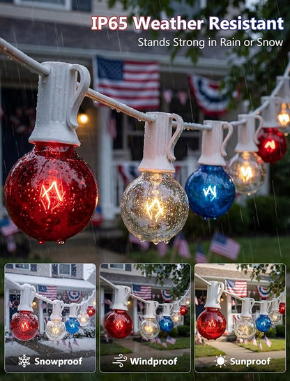 25FT G40 Red White and Blue Lights, 4th of July Outdoor String Lights with 27 Shatterproof G40 Bulbs(2 Spare), Independence Day for Patriotic Party Patio Garden Backyard Decor, 5W