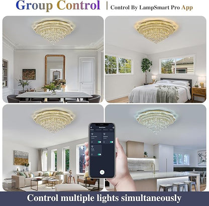 Gold LED Crystal Ceiling Light for Living Room, 40" Modern Large Flush Mount Chandelier with K9 Crystal Raindrop,Elegant Lighting Fixture with Remote Control for Hallway Dinning Room