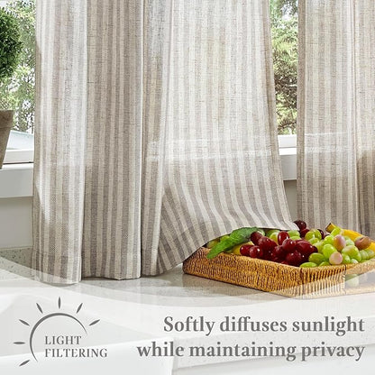 jinchan Striped Linen Kitchen Curtains with Attached Valance 24 Inch Length Cafe Tier Curtains for Living Room Rustic Half Window Light Filtering Rod Pocket Small Drapes 2 Panels Taupe Grey