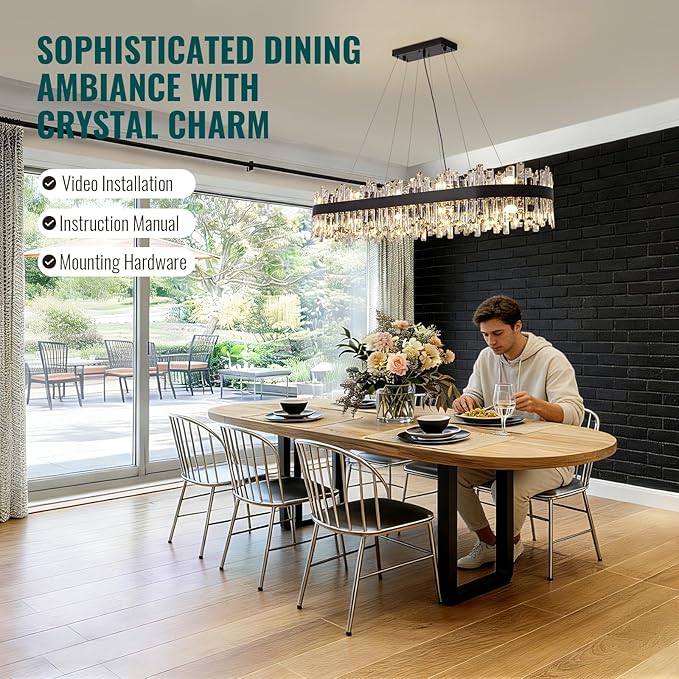 Siljoy Rectangle Black Crystal Chandelier, 20-Light Modern Rectangular K9 Crystal Raindrop Chandelier, Luxury Dimmable Crystal Ceiling Light for Living Dining Room Kitchen Entryway Foyer L52''