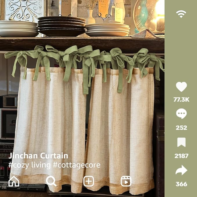 jinchan Linen Tie Top Curtains 24 Inch Length Farmhouse Cafe Curtains Set of 2 for Bedroom Bathroom Rustic Small Windows Light Filtering Crude Panels with Sage Green Ties