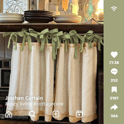 jinchan Linen Tie Top Curtains 24 Inch Length Farmhouse Cafe Curtains Set of 2 for Bedroom Bathroom Rustic Small Windows Light Filtering Crude Panels with Sage Green Ties