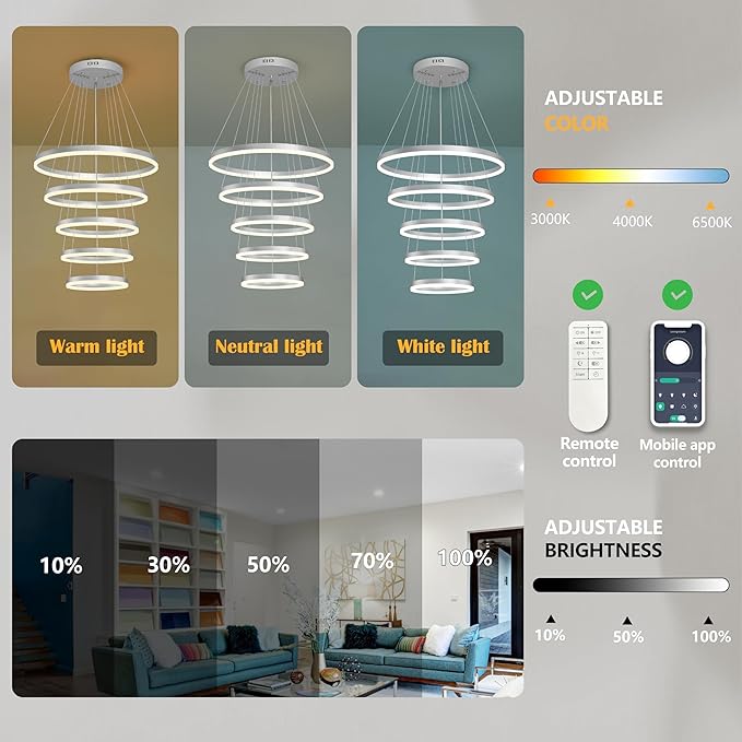 5 Rings Pendant Lights Modern Nickel Led Chandelier Nickel Modern Led Pendant Light Dimmable Height Adjustable Chandeliers for Dining Room Bedroom Entryway Living Room Foyer (3000K-6000K)