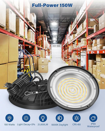 150W UFO LED High Bay Light, 21,000LM LED Shop Lights Fixture, 5000K, Replace 600W Halogen, 120VAC, Plug & Play Lighting for Warehouses, Workshops, Garages, and Barns – ETL Listed, 12 Pack