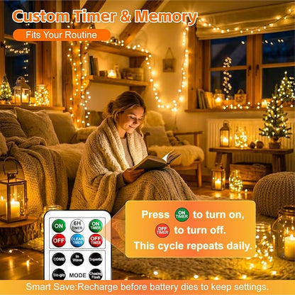 4 Pack 50 LED Fairy Lights Battery Operated with DIY Timer, 16FT Rechargeable Indoor String Lights, 8 Modes Mini Twinkle Lights for Tree Craft Bedroom Vase Wedding Party Decor, Warm White