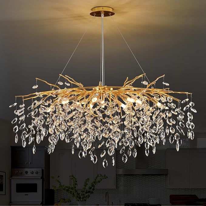 Modern Crystal Tree Branch Chandelier Gold L40'', Large Art Deco Linear Rectangle Raindrop Indoor Hanging Lighting Fixture for Dining Room Kitchen Island Living Room 12 Lights