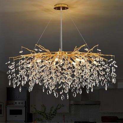 Modern Crystal Tree Branch Chandelier Gold L40'', Large Art Deco Linear Rectangle Raindrop Indoor Hanging Lighting Fixture for Dining Room Kitchen Island Living Room 12 Lights