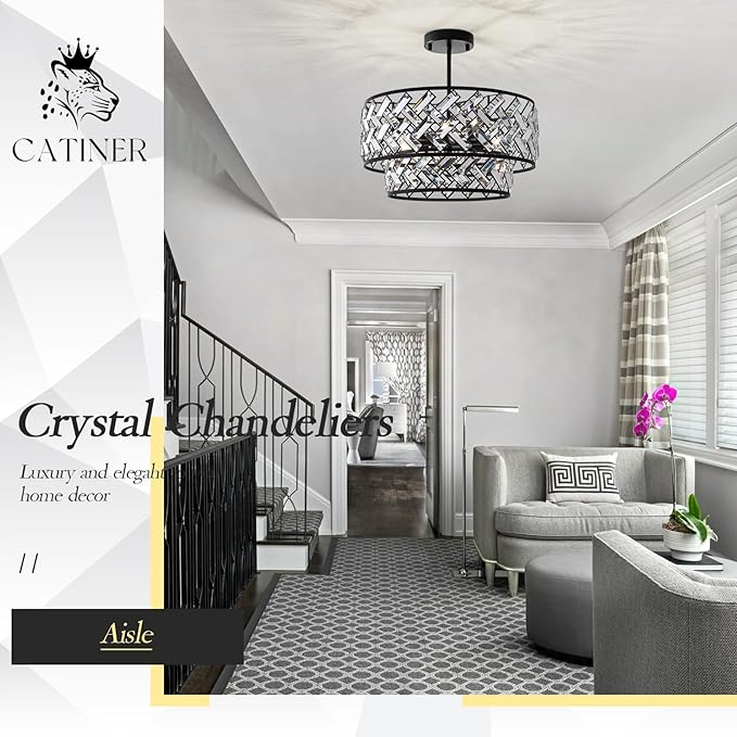 Black 6-Light Crystal Pendant Chandelier, Luxury Drum Semi Flush Mount Ceiling Light, 20'' Modern Ceiling Fixture for Dining Room, Living Room, Bedroom, Kitchen, Foyer