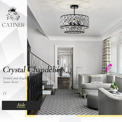 Black 6-Light Crystal Pendant Chandelier, Luxury Drum Semi Flush Mount Ceiling Light, 20'' Modern Ceiling Fixture for Dining Room, Living Room, Bedroom, Kitchen, Foyer