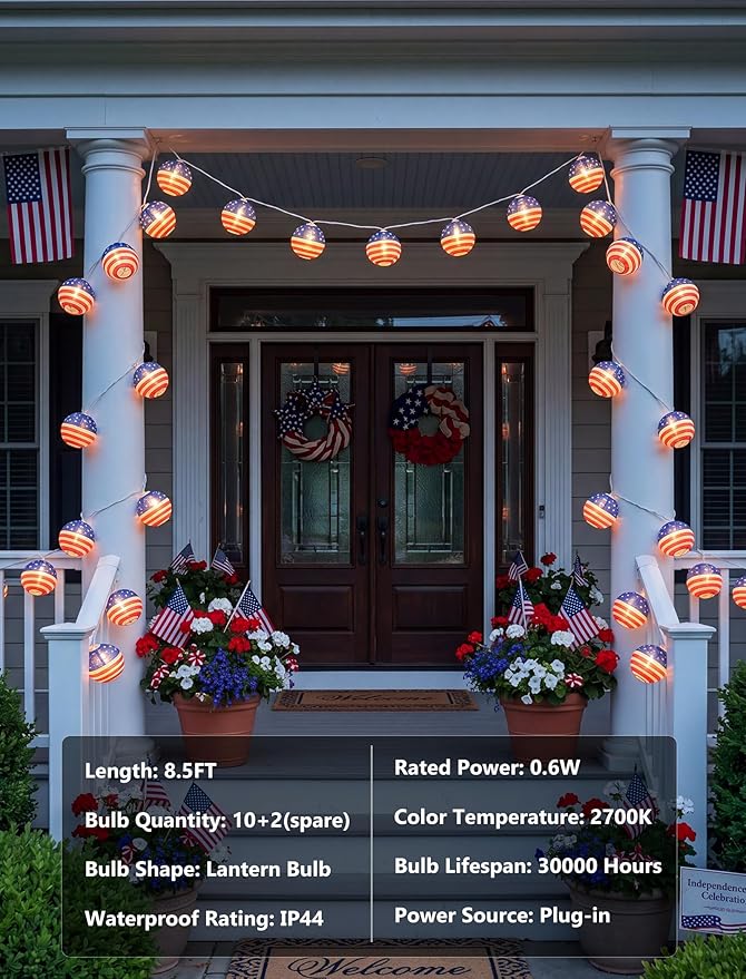 American Flag Lantern Lights Plug in, 8.5Ft 4th of July Decorations String Lights with 10 Mini USA Flag Lantern Lights, Hanging Indoor String Lights for Outdoor Independence Day Patriotic Party Decor