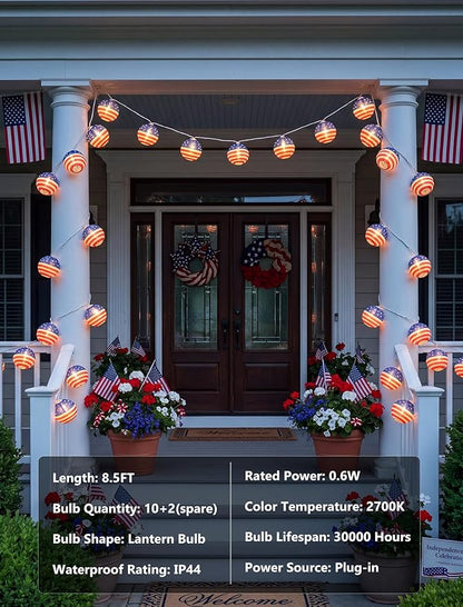 American Flag Lantern Lights Plug in, 8.5Ft 4th of July Decorations String Lights with 10 Mini USA Flag Lantern Lights, Hanging Indoor String Lights for Outdoor Independence Day Patriotic Party Decor
