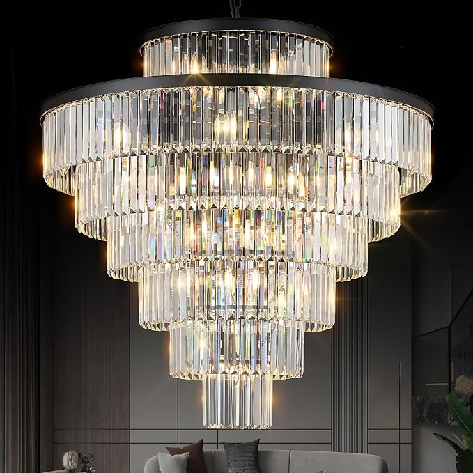 Large 40" Black Crystal Chandelier 28 Lights Modern Round Chandeliers for Staircase Luxury 7-Tier K9 Crystal Ceiling Pendant Light Fixture for High Ceiling Living Room Foyer