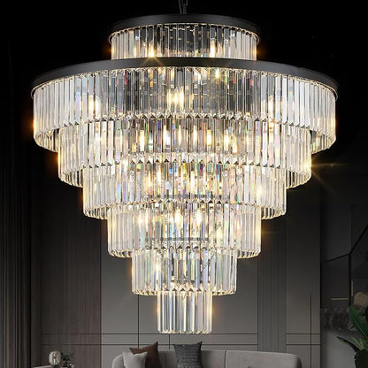 Large 40" Black Crystal Chandelier 28 Lights Modern Round Chandeliers for Staircase Luxury 7-Tier K9 Crystal Ceiling Pendant Light Fixture for High Ceiling Living Room Foyer
