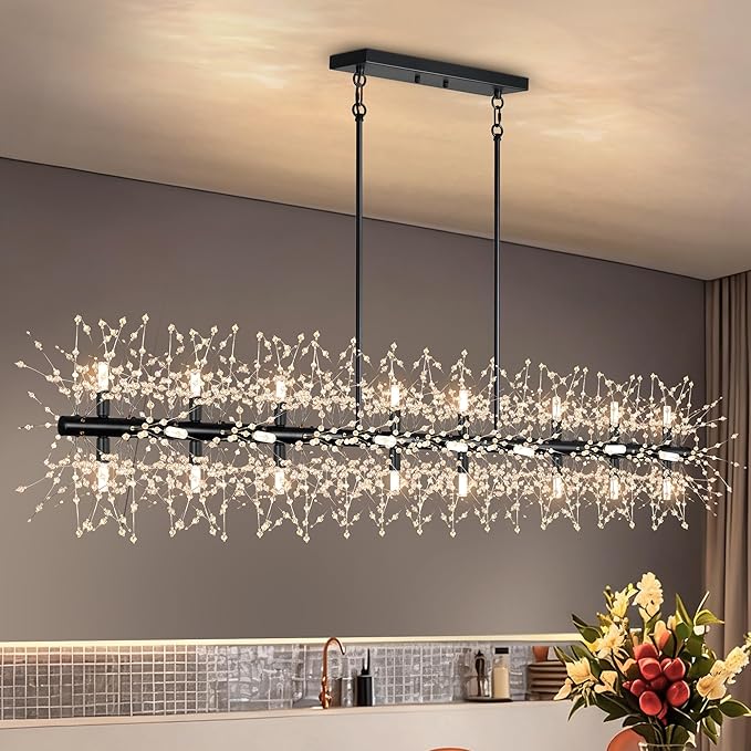 Chandeliers for Dining Room 59" Linear Crystal Chandeliers Light Fixture Firework Dandelion Sputnik Chandelier Long Black Crystal Branch Pendant Light for Kitchen Island Living Room Dining Table
