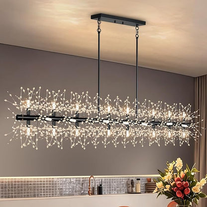 Chandeliers for Dining Room 59" Linear Crystal Chandeliers Light Fixture Firework Dandelion Sputnik Chandelier Long Black Crystal Branch Pendant Light for Kitchen Island Living Room Dining Table