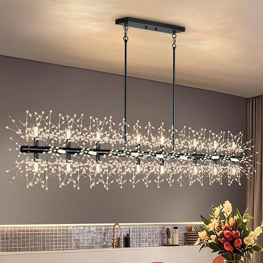 Chandeliers for Dining Room 59" Linear Crystal Chandeliers Light Fixture Firework Dandelion Sputnik Chandelier Long Black Crystal Branch Pendant Light for Kitchen Island Living Room Dining Table